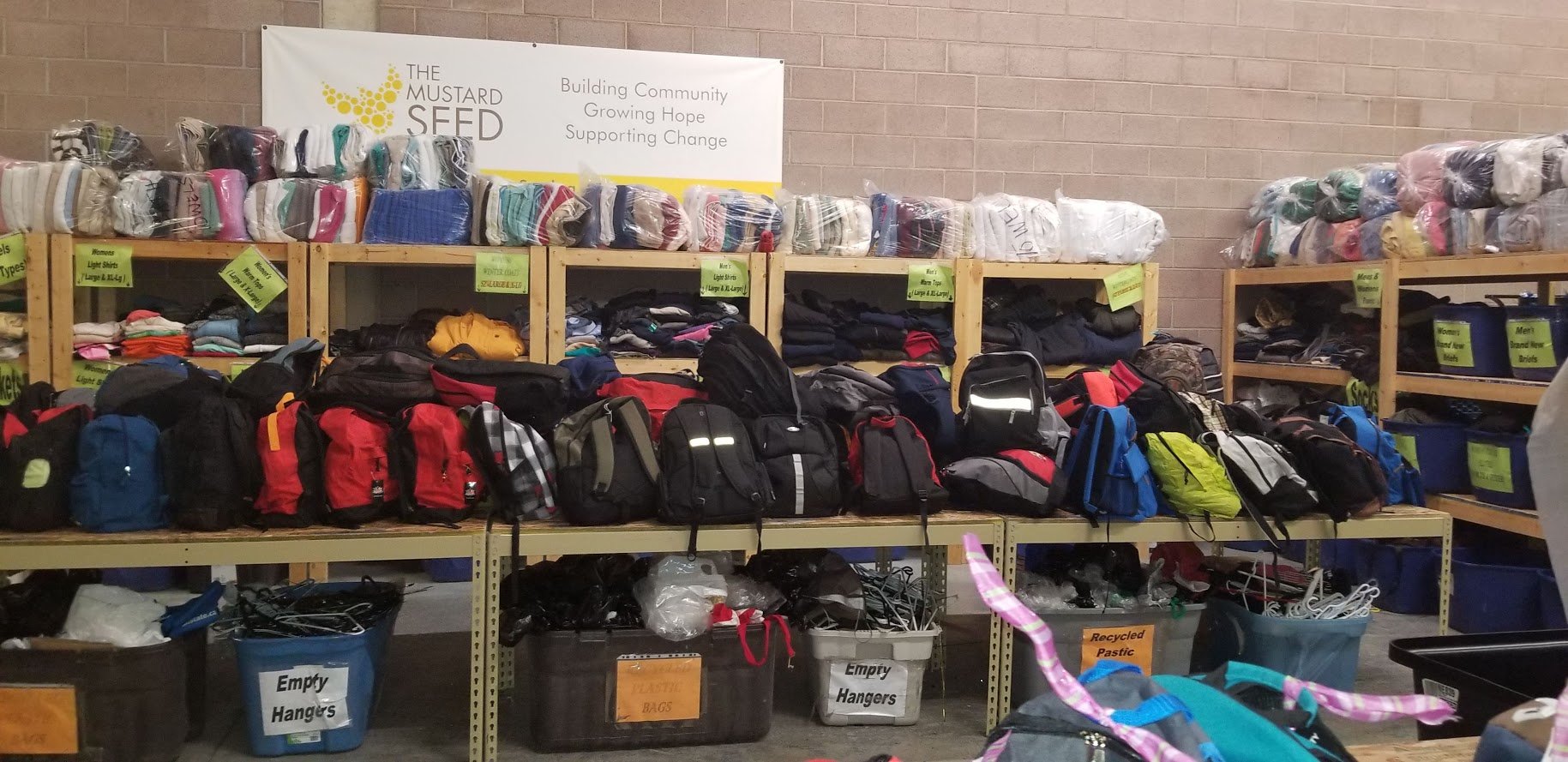 Backpacks packed at the Mustard Seed in Calgary